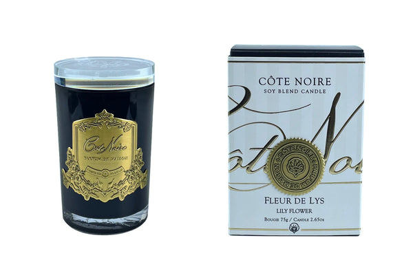 Cote Noire 75g Candle  - Dark Vessel with Gold Badge - Lily Flower