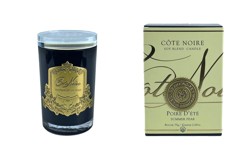 Cote Noire 75g Candle - Dark Vessel with Gold Badge - Summer Pear