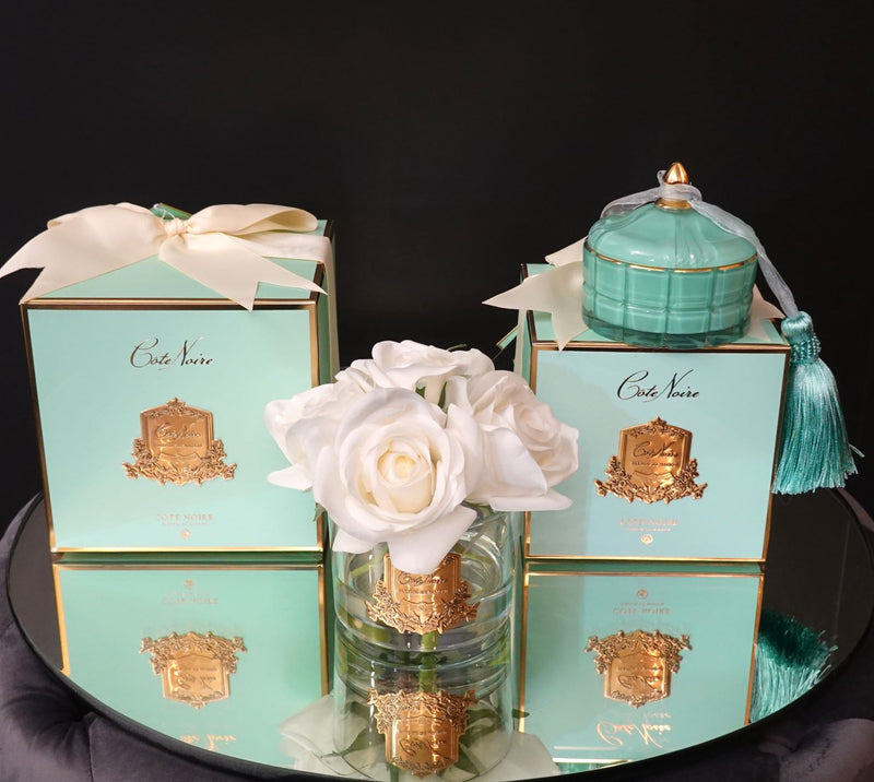 Perfumed Natural Touch 5 Roses - Clear - Ivory White & Gold Badge - Jade Tiffany Box - GMR92