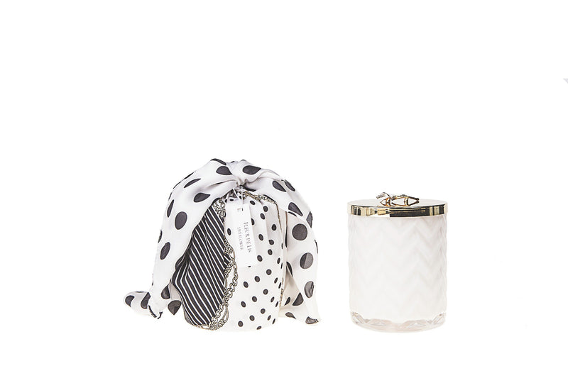 Cote Noire Lily Flower scented Herringbone Candle with Scarf - White & Gold - Lily Brooch