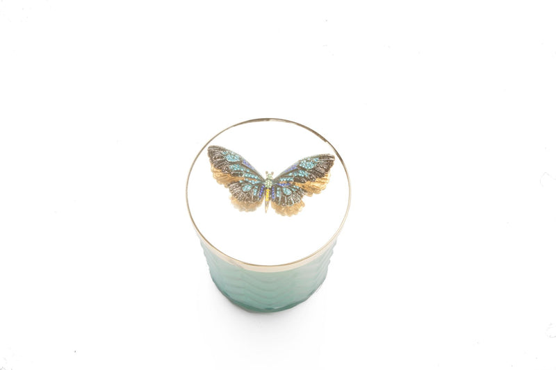 COTE NOIRE - HERRINGBONE CANDLE WITH SCARF - JADE - BUTTERFLY LID - HCG51