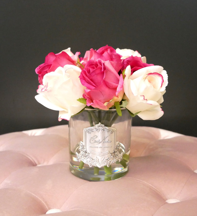 NEW - PREMIUM BOUQUET - MIXED MAGENTA & BLUSH ROSE BUDS - CLEAR GLASS - MBS01