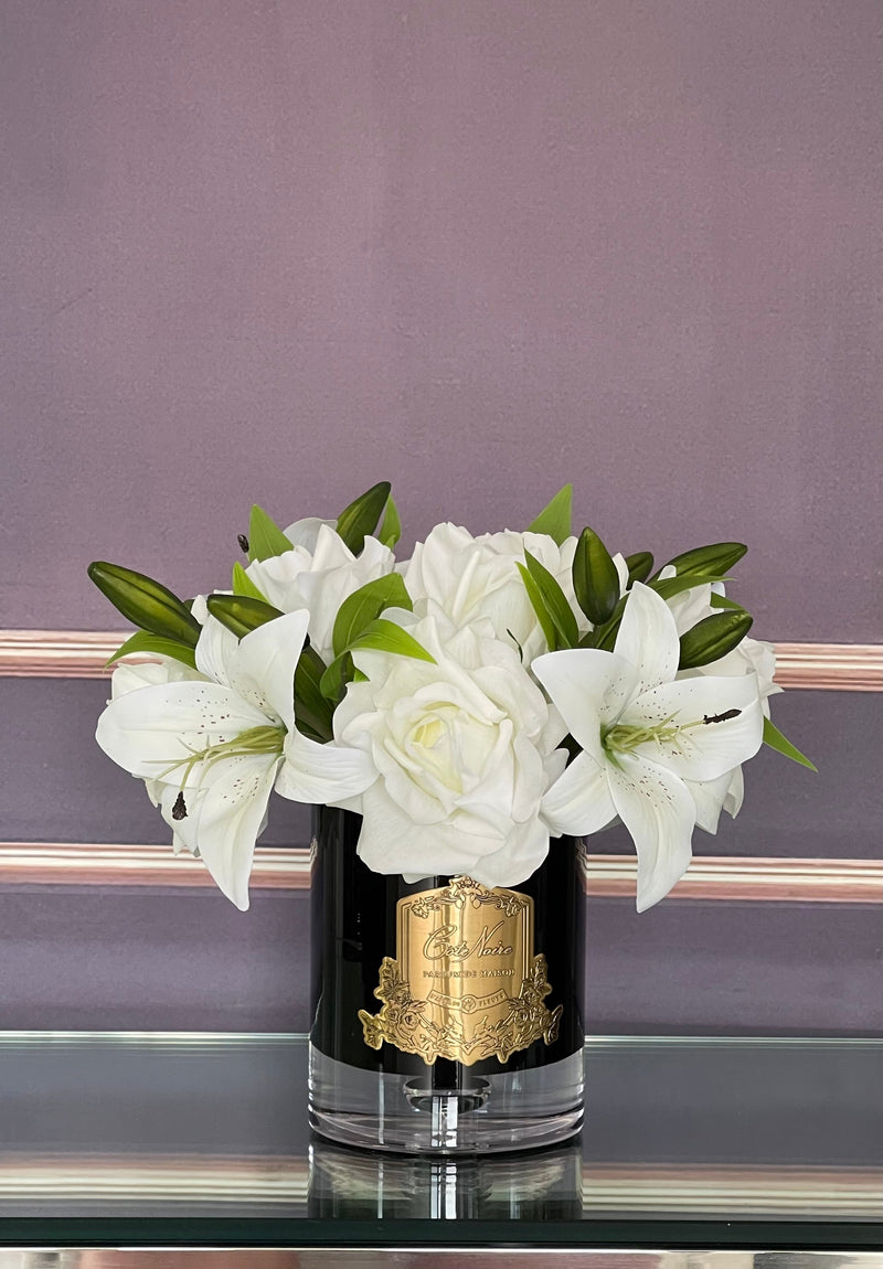 Luxury Lilies & Roses - Ivory White - BLACK GLASS  - LRLW01